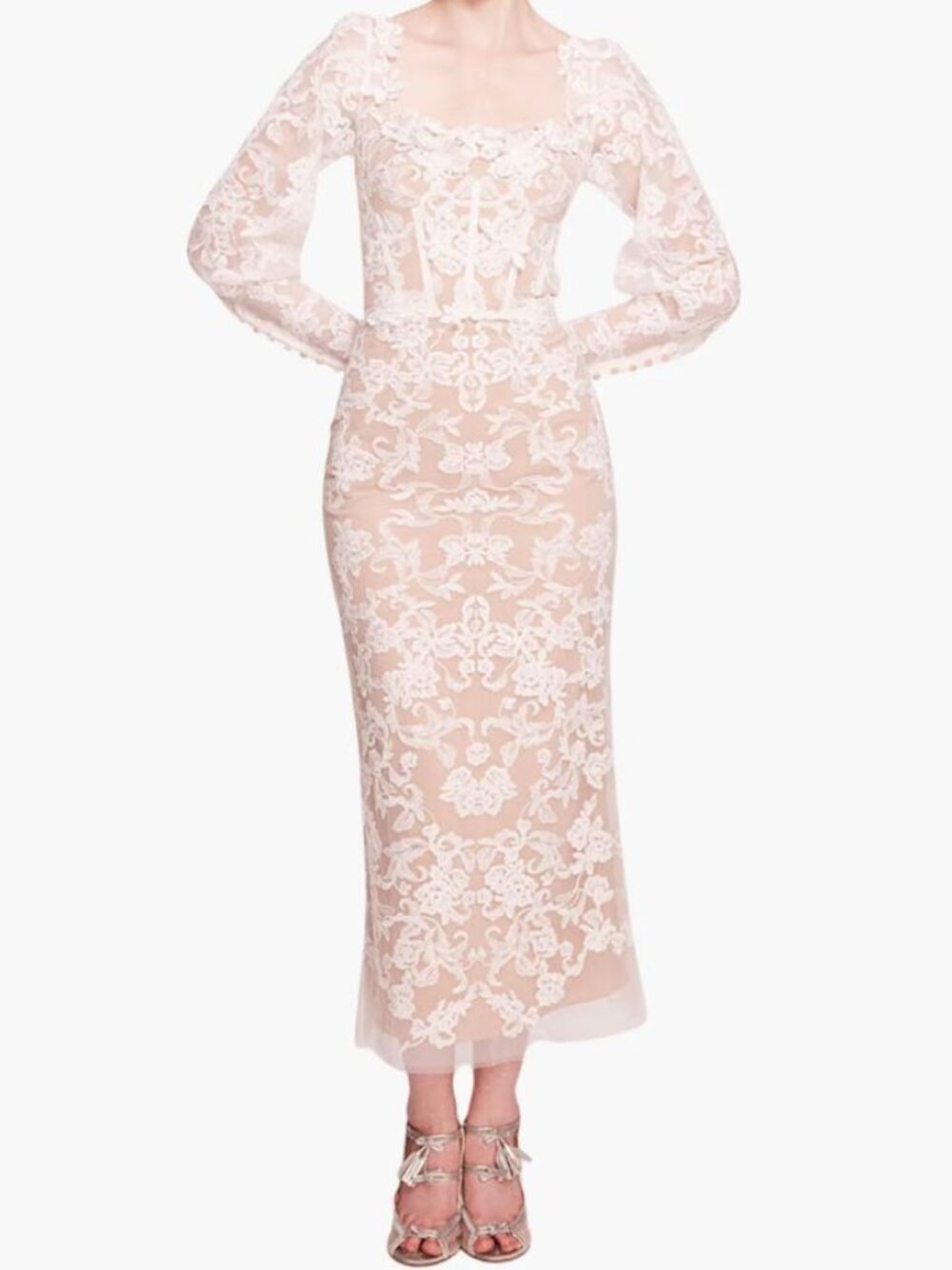 Marchesa Notte Bridal Long Sleeve Corded Midi Dress in Ivory, Size 0
